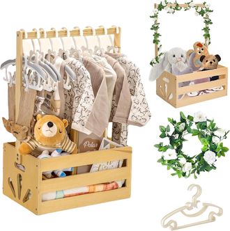 OEM Cesta De Rat&aacute;n Con 5 Perchas, Rosa Y Blanca, Ideal Como Regalo Para Baby Shower O Reci&eacute;n Nacido