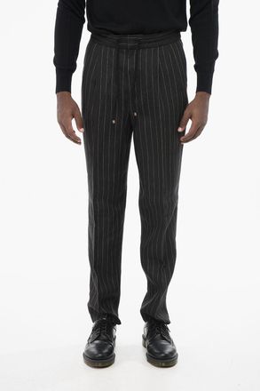 Brunello Cucinelli Pantaloni a 2 Pince in Lino Gessato con Coulisse Brunello Cucinelli