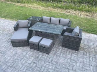 Fimous 8 Seater Outdoor Garden Furniture Set Patio Rattan Dining Table Lounge Sofa Chair Footstool in Dark Grey