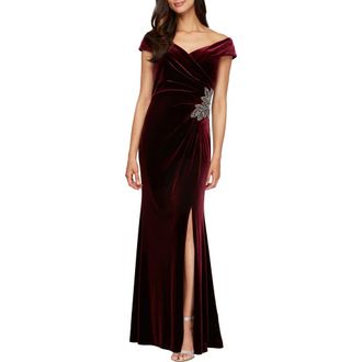 Alex Evenings Embellished Off the Shoulder Velvet Gown in Wine at Nordstrom, Size 6P