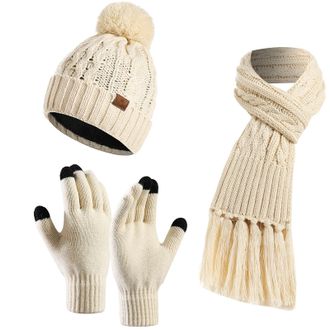 Feoya Warm Beanie Hat Tassel Scarf Touchscreen Gloves Set Womens Autumn Winter Spring Thick Lined Knit Pompom Skull Cap Neck Warmer Mittens Off-White