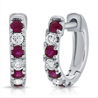 Diana M. Jewels 14k WG 1.24GR HUGGIE EARRINGS 6 ROUND DIAMONDS 0.14CT AND 8 RUBBIES 0.24