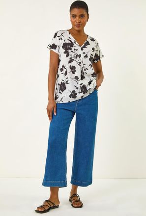 Roman Mono Floral Print Pleat Front Top