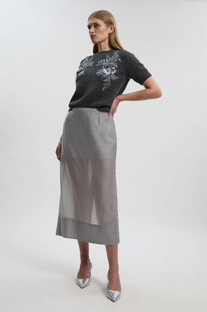 Karen Millen Womens Archive- Sheer Organdie Woven Midi Skirt - Silver Lyocell - Size 12 UK