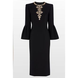 Jenny Packham Margoni Bell-Sleeve Embellished Midi Dress in Liquorice at Nordstrom, Size 16 Uk