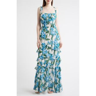 Julia Jordan Floral Ruffle Empire Waist Chiffon Gown in Ivory/Blue at Nordstrom, Size 10