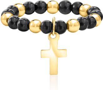 Ross-Simons 3mm Onyx and 10kt Yellow Gold Bead Stretch Ring With Cross Charm. Large (9-10)