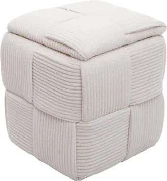 Hhg [non Utilizzato] Pouf Hhg-936, Poggiapiedi Ottomano, Imbottito, Vano Portaoggetti, Tessuto A Coste (260 G/m&sup2;) 43x40x40 Cm, Avorio