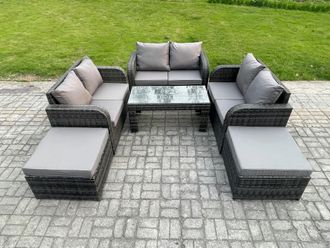 Fimous Rattan Wicker Garden Furniture Patio Conservatory Sofa Set with Rectangular Coffee Table Reclining Chair Love Sofa 2 Big Footstool in Dark Grey