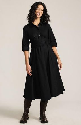 Lands End Poplin Midi Wrap Front Dress in Black at Nordstrom, Size 10