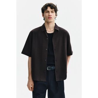 H&M Relaxed Fit Resort Shirt in Dark Brown at Nordstrom, Size X-Small