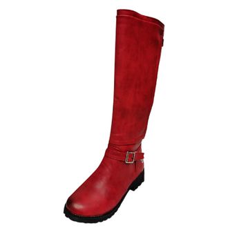 Generic Autumn Winter Women Western Boots with Chunky Block Heel and Decorative Buckle Detail for Stylish Mid Calf Footwear (Red, 5.5)