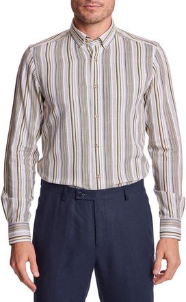 Paisley & Gray Brian Linen Blend Button-Down Shirt in Golden Ash Stripe at Nordstrom Rack, Size Xxx-Large