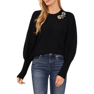 CeCe by Cynthia Steffe Rhinestone Bow Appliqu&eacute; Sweater in Rich Black at Nordstrom Rack, Size X-Large