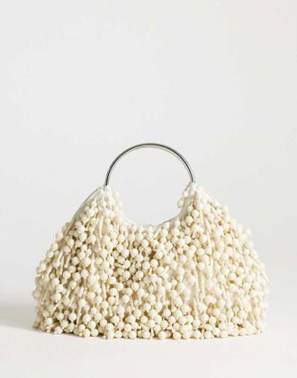 Topshop Hunter - Borsa a mano con perline color avorio con manico in metallo-Bianco
