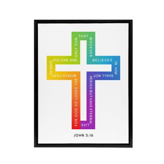 Artery8 John 3:16 God So Loved The World Colourful Cross Framed Canvas Art in White | Size: W24 x H32