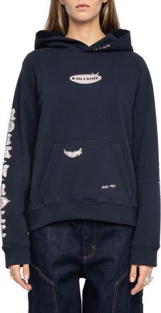 Zadig&Voltaire Georgy Multi Heart Strass Crystal Embellished Cotton Graphic Hoodie in Encre at Nordstrom, Size X-Small