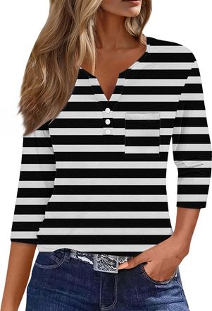 Generic 3/4 Sleeve Tops for Women UK Dressy Casual Summer Work Blouses Tunic Top Elegant Floral Printed Fall Ladies Tops Elbow Length Summer T Shirts Three Qu