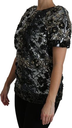 Dolce & Gabbana Womens Black Sequined Crystal Embellished Top Blouse