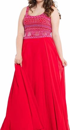 Rachel Allan Scoop Neck Beaded Chiffon Prom Gown In Red