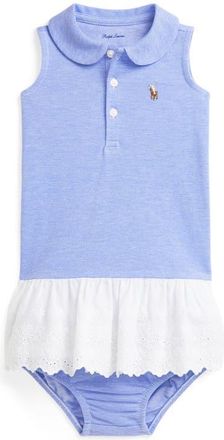 Ralph Lauren Sleeveless Cotton Piqué Eyelet Ruffle Polo Dress & Bloomers in Harbor Island Blue Multi at Nordstrom, Size 6M