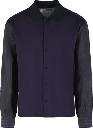 Maison Margiela Ribbed Polo Cotton Shirt with Cupro Striped Sleeves