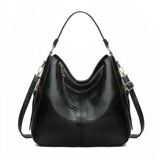 Generic Hobo Bag Leather Women Handbags Female Leisure Shoulder Bags Fashion Purses Vintage Bolsas Large Capacity Tote(Black)