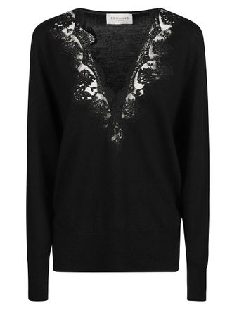 Ermanno Scervino Delicate Lace-Trimmed Black V-Neck Wool Sweater