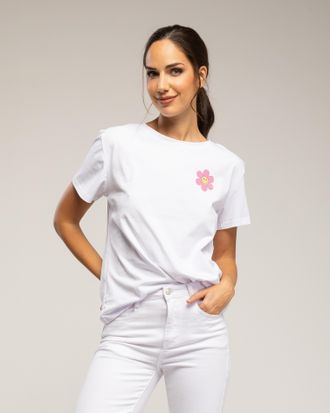 Tantra T-shirt met een margrietjesprint op de voorkant en de tekst have a good day op de rug