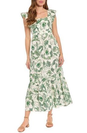London Times Ruffle Sleeve Square Neck Maxi Dress in Soft White/Pine at Nordstrom Rack, Size 14