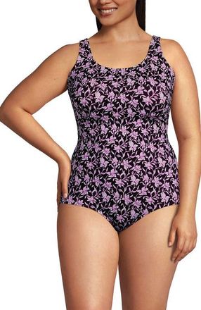 Lands End Chlorine Resistant Scoop Neck Soft Cup Tugless Sporty One Piece Swimsuit in Tropic Floral Ditsy/dark Wine at Nordstrom, Size 18W