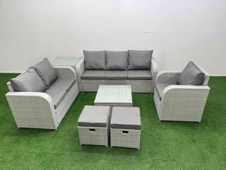 Fimous Patio PE Wicker 8 Seater Outdoor Rattan Furniture Sofa Sets w/ Square Coffee Table Reclining Chair Loveseat Sofa 3 Seater Sofa Stool Side