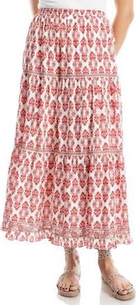 Max Studio Floral Wreath Print Tiered Cotton Blend Maxi Skirt in Red/Cream at Nordstrom Rack, Size X-Large