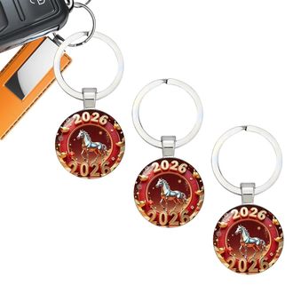 Generic Chinese New Year 2026 Horse Keychain, 3 Pack 2D Year Of The Horse Pattern Round Glass Keychain, Portable New Years Car Decor Keychains For Teens Adult