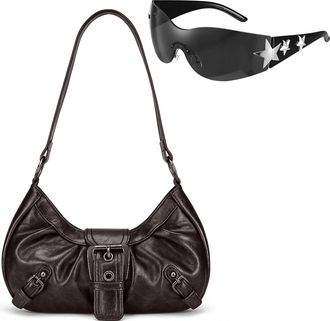 Generic Womens Y2k Purse and Sunglasses Vintage Buckle Hobo Shoulder Bag PU Leather Handbag Clutch Purse Underarm Bag Y2K Accessories Set