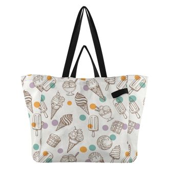 Generic Dessert Ice Cream White pattern Reusable Canvas Tote Bag, Heavy Duty Grocery Shopping Bag with Double Handles Large Capacity Hard Bottom Work Grocerie