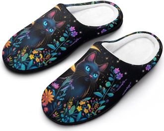 Generic Black Cat With Flowers Womens Slippers Warm House Slippers Indoor House Shoes with Anti-Skid Rubber Sole