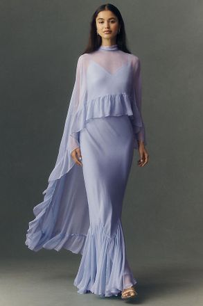 BHLDN Chiffon Slip Maxi Dress With Ruffle Cape