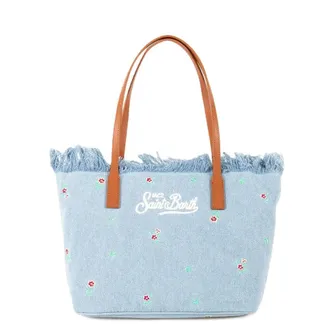 MC2 Saint Barth Light Blue Denim Tote Bag with Floral Embroidery