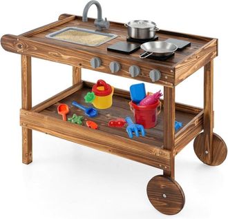 Costway Cocina Juguete De Madera Abeto Exterior Con 2 Ruedas Rodantes Y Manija De Empuje, Grifo Giratorio Y Fregadero Extra&iacute;ble, Estufas Y Perillas Realistas,