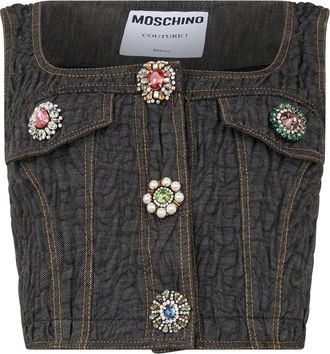 Moschino Tops, Dames, Grijs, S, Denim, Denim Croptop met knoopsluiting