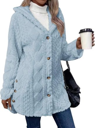 Generic Sherpa Jacket Women Fleece Cardigan Trendy Fall Fashion Outfits Button Down Coats Cozy Warm Winter Clothing, Sky Blue, XX-Large