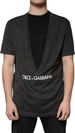 Dolce & Gabbana Mens Vneck Tshirt Distressed Style - Dark Grey Cotton - Size EU 54 (Mens)