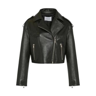 Yves Salomon Cropped Lamsleren Bikerjack - Dames - Leren en Su&egrave;de Jassen - Zwart - S - Katoen - Jassen