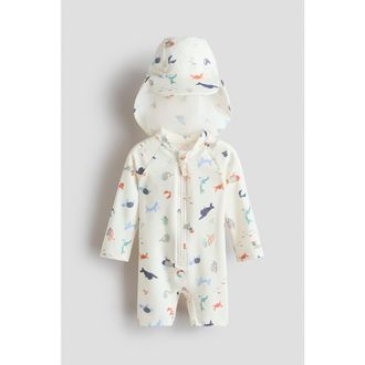 H&M Upf 50 Sun Protection Set in White/marine Animals at Nordstrom, Size 9-12M