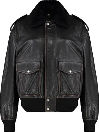 Saint Laurent Leather Jackets, female, Black, XS, Shearling Collar Bomber Jacket