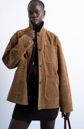 Topshop Faux Suede Shirt Jacket in Brown at Nordstrom Rack, Size Large