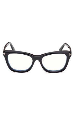 Tom Ford 53mm Cat Eye Blue Light Blocking Optical Glasses in Black Eco /T Logo at Nordstrom