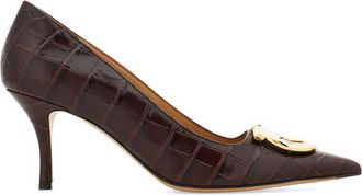 Ferragamo Pointed-Toe Croc-Embossed Heels with Gold Buckle Detail