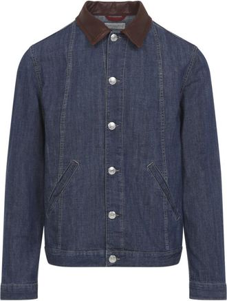 Brunello Cucinelli Blue Leather Collar Denim Jacket